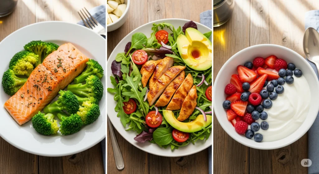 Colagem de pratos coloridos e apetitosos, como salmão assado com brócolis, salada com frango e iogurte com frutas. Cardápio jejum intermitente.