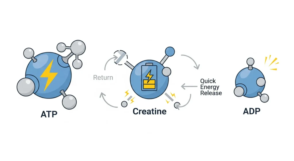 Infográfico de como a creatina funciona no músculo, reciclando ATP para energia rápida.