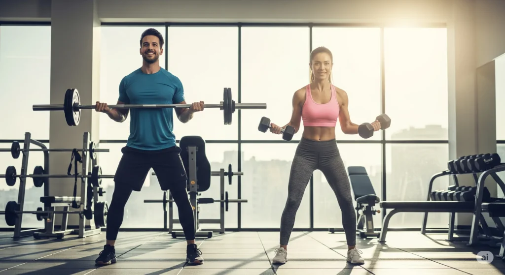 Homem e mulher levantando pesos em academia. Luz solar entra pela janela. Treino de hipertrofia com whey.