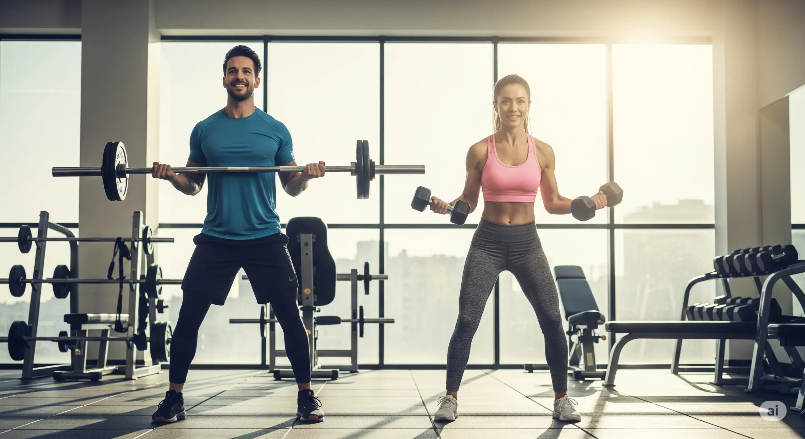 Homem e mulher levantando pesos em academia. Luz solar entra pela janela. Treino de hipertrofia com whey.