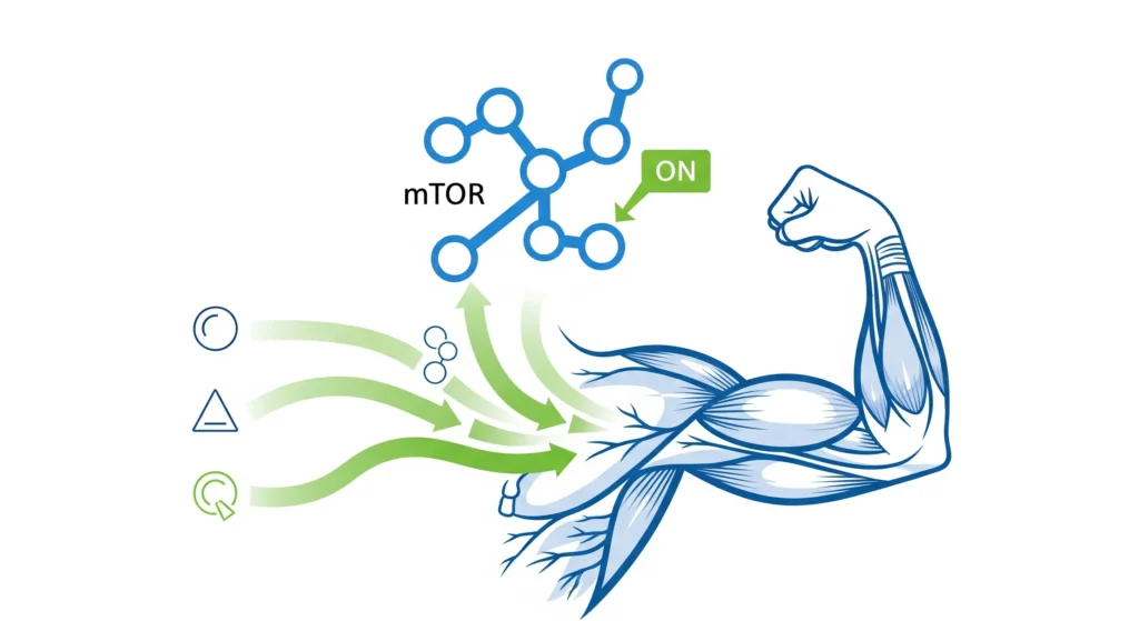 Infográfico de ciência mostrando músculo absorvendo aminoácidos e ativando a via mTOR para hipertrofia.