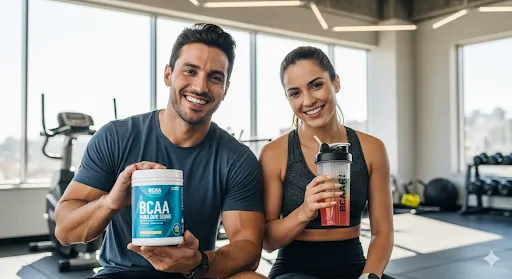 Casal atlético e sorridente em academia, segurando pote de BCAA e coqueteleira. BCAA para que serve.