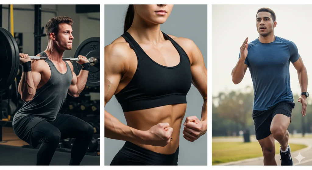 Uma colagem de fotos mostrando diferentes benefícios da creatina: um halterofilista levantando peso, uma pessoa com músculos visivelmente mais definidos e uma pessoa correndo com energia. Palavra-chave na descrição: benefícios da creatina