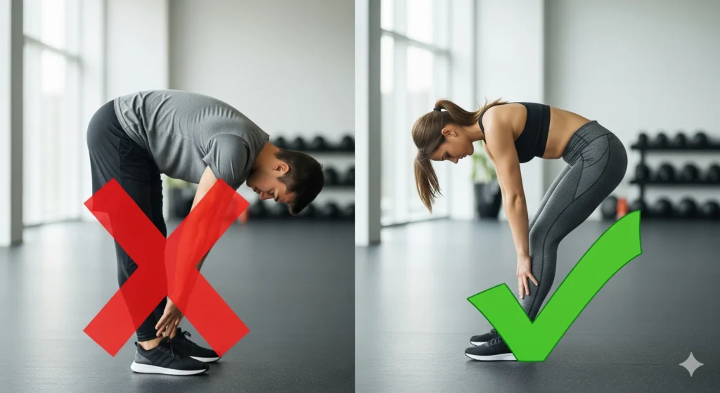 Uma pessoa fazendo um alongamento de forma incorreta (com postura forçada ou joelhos travados), com um X vermelho sobre ela, e uma pessoa fazendo o mesmo alongamento corretamente ao lado, com um sinal de visto verde. Palavra-chave na descrição: evitar lesões no treino