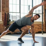 Uma atleta realizando um alongamento dinâmico complexo, como um alongamento de quadril com rotação, em um ambiente de treino moderno e iluminado. A imagem é inspiradora e demonstra controle e agilidade. Palavra-chave na descrição: guia de mobilidade e flexibilidade