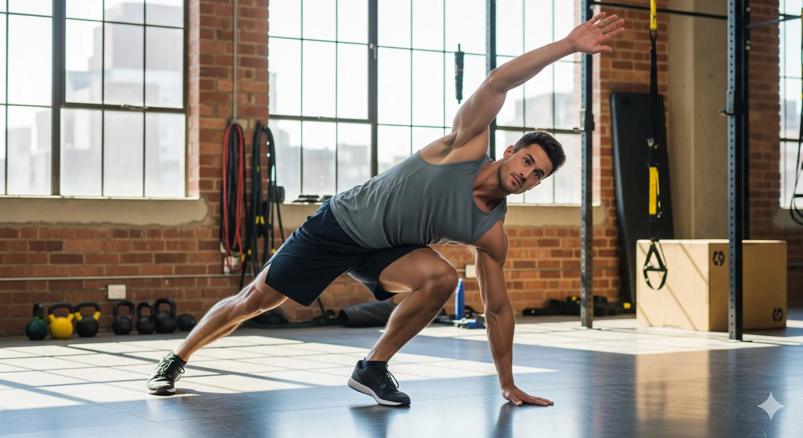 Uma atleta realizando um alongamento dinâmico complexo, como um alongamento de quadril com rotação, em um ambiente de treino moderno e iluminado. A imagem é inspiradora e demonstra controle e agilidade. Palavra-chave na descrição: guia de mobilidade e flexibilidade