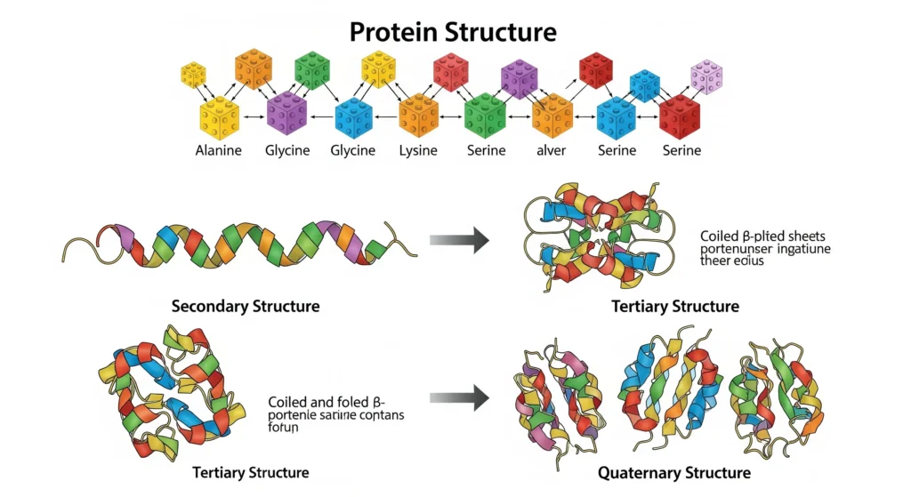 Um infográfico didático mostrando a estrutura de uma cadeia de aminoácidos formando uma proteína. O infográfico pode usar ícones de tijolos de construção com etiquetas de aminoácidos. Palavra-chave na descrição: função dos macronutrientes