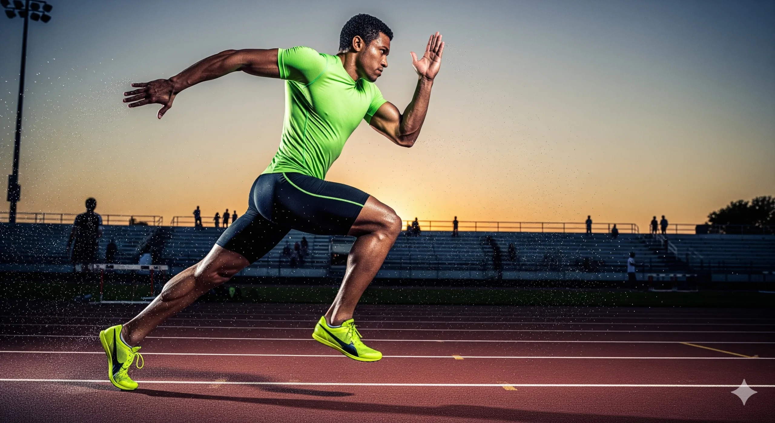 (Imagem de Destaque 1: Um atleta em pleno movimento, em um ambiente de corrida ou treino. A imagem é dinâmica e vibrante, mostrando energia e saúde. Palavra-chave na descrição: ômega 3 para atletas