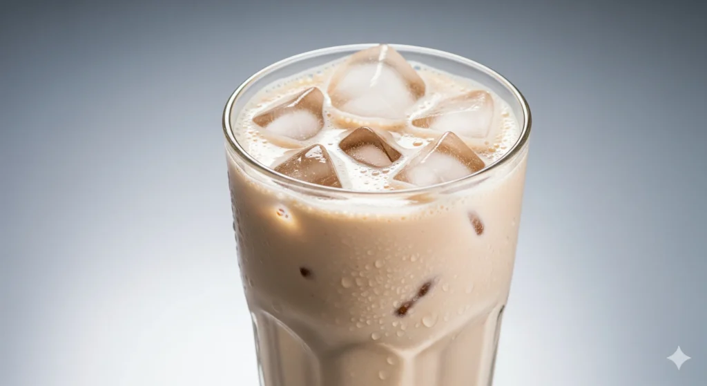 Uma foto de um copo de shake de whey protein com gelo, em um fundo neutro. A imagem é limpa e foca no produto. Palavra-chave na descrição: whey protein