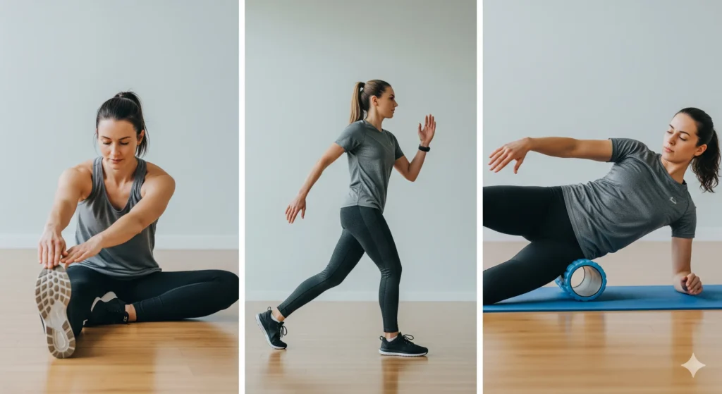 Uma colagem de fotos mostrando diferentes tipos de alongamentos: uma pessoa fazendo um alongamento estático de isquiotibiais, outra em um alongamento dinâmico de pernas, e uma terceira usando um rolo de espuma. Palavra-chave na descrição: exercícios de mobilidade e flexibilidade
