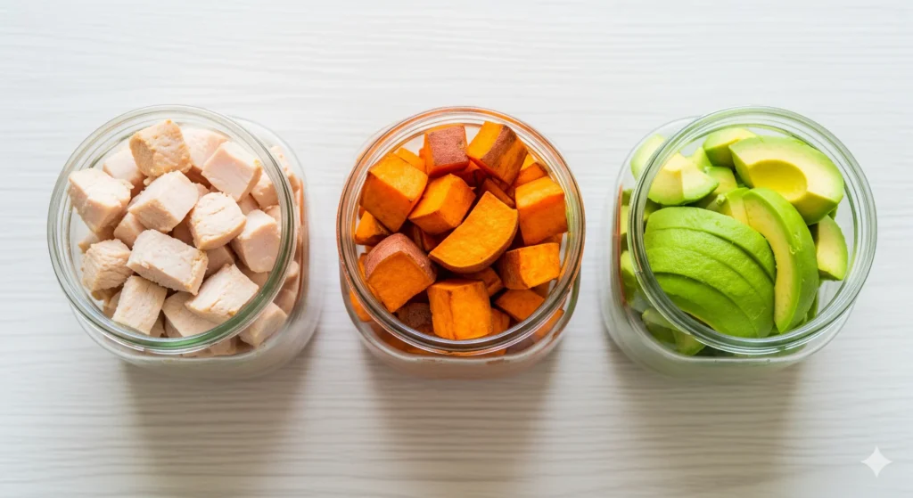 Uma foto de alta qualidade, de cima, mostrando três potes com alimentos representando os macronutrientes: um com peito de frango (proteína), outro com batata-doce (carboidrato) e o terceiro com abacate (gordura). A foto é limpa e organizada. Palavra-chave na descrição: o que são macronutrientes