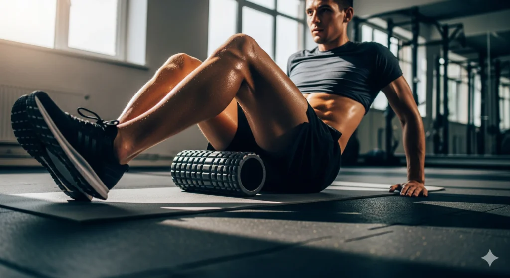 Imagem de Destaque 4: Uma pessoa usando um rolo de espuma nas pernas. A imagem é dinâmica e demonstra uma técnica de recuperação. Palavra-chave na descrição: acelerar recuperação pós-treino