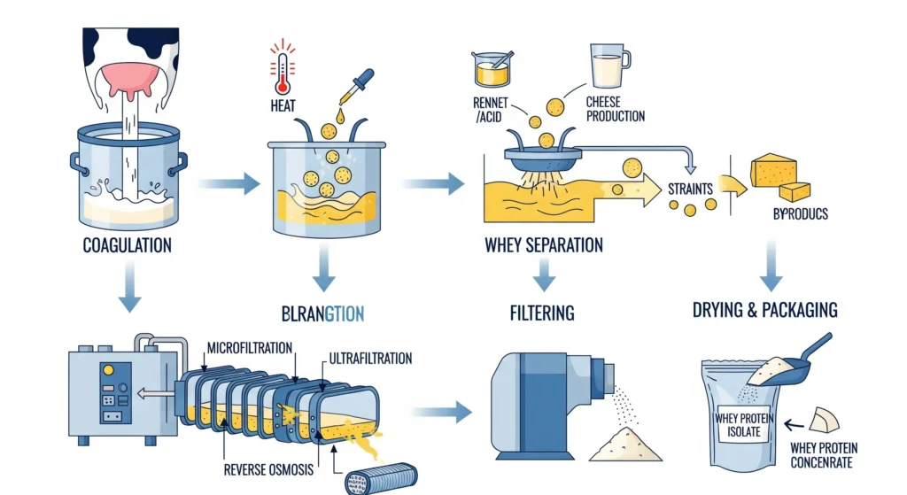 Infográfico didático mostrando o processo de fabricação do whey protein a partir do leite, com as etapas de coagulação, separação do soro e filtragem. Palavra-chave na descrição: produção de whey protein