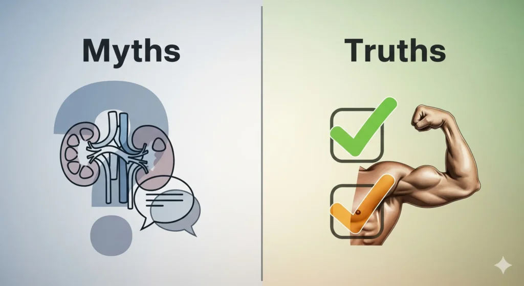 Uma imagem dividida. De um lado, mitos (com ícones de pontos de interrogação), como um rim e um balão de fala. Do outro, verdades (com ícones de visto), mostrando um músculo forte. Palavra-chave na descrição: creatina mitos e verdades