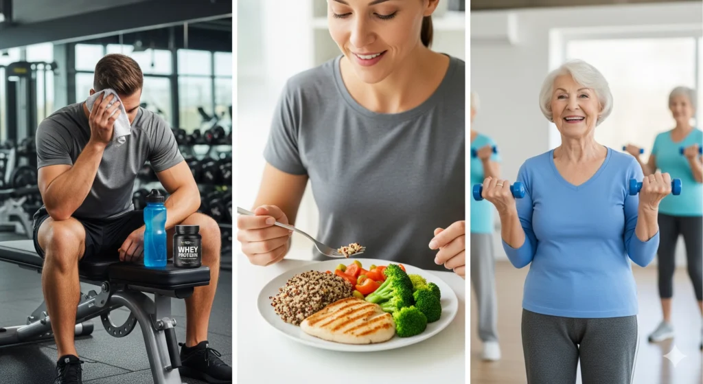 Uma colagem de fotos mostrando diferentes benefícios do whey: um atleta se recuperando após o treino, uma pessoa comendo uma refeição com alto teor de proteína para saciedade e um idoso se exercitando. Palavra-chave na descrição: benefícios do whey protein