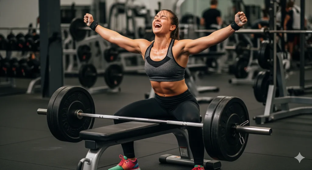 Uma pessoa celebrando um marco pessoal de treino (por exemplo, levantando um peso mais pesado do que o normal), com uma expressão de alegria. Palavra-chave na descrição: superar desafios no treino