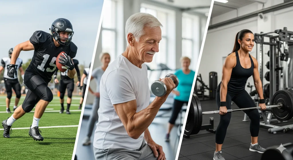 Uma montagem de fotos de diferentes pessoas se beneficiando da creatina: um idoso forte, um atleta de futebol, uma mulher levantando peso. A imagem é inclusiva. Palavra-chave na descrição: creatina para mulheres, creatina para idosos