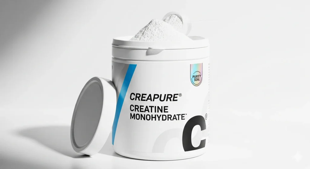 Uma foto de um pote de creatina monohidratada de alta qualidade, com um selo de pureza visível (como Creapure®). Palavra-chave na descrição: creatina monohidratada