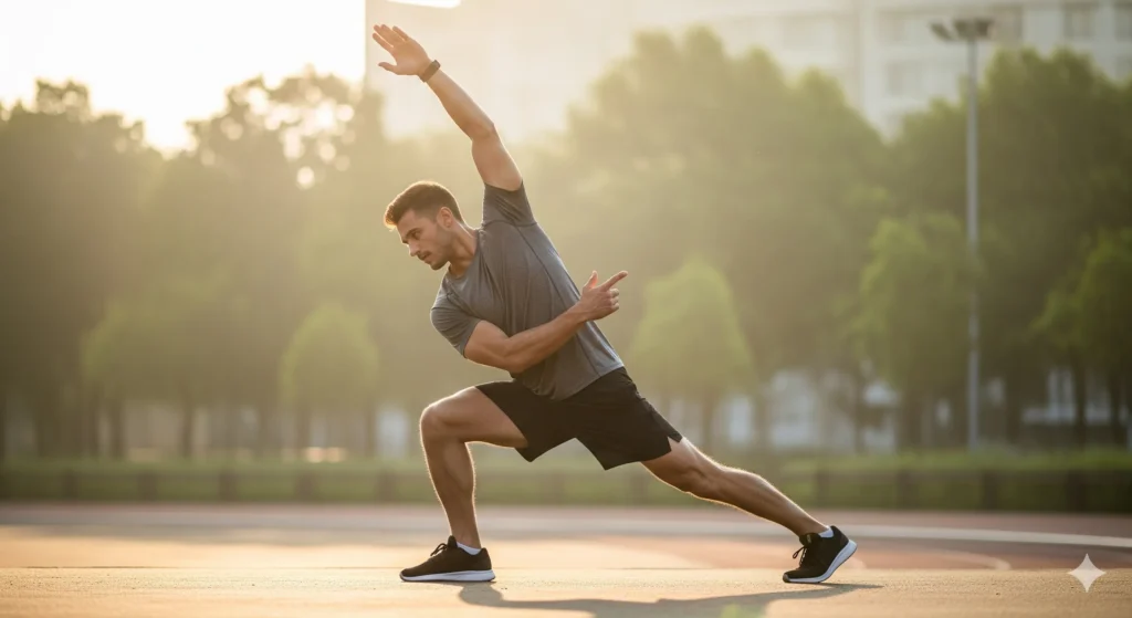Um atleta fazendo um alongamento dinâmico como parte de seu aquecimento pré-treino, com foco na fluidez e controle. Palavra-chave na descrição: como incorporar mobilidade e flexibilidade