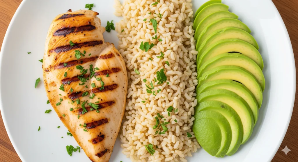 Um prato de comida com alimentos que representam os 3 macronutrientes para a recuperação: um filé de frango grelhado, arroz integral e abacate. A imagem é limpa e apetitosa. Palavra-chave na descrição: nutrição para recuperação muscular