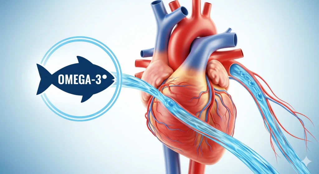 Imagem de Destaque 3: Uma imagem de um coração saudável com artérias limpas e fluidas, com um ícone de ômega-3 ao lado. A imagem simboliza a proteção cardiovascular. Palavra-chave na descrição: saúde do coração atleta