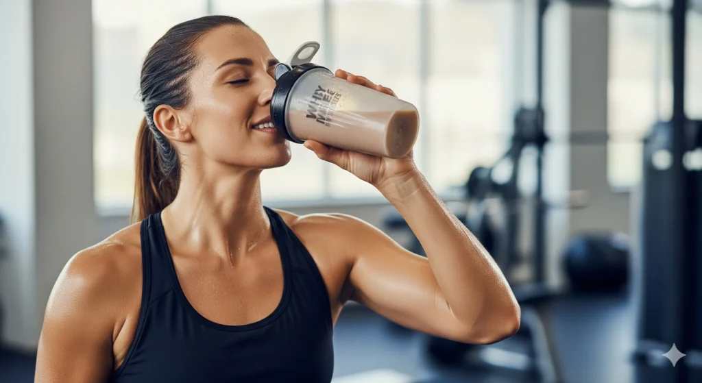 Uma pessoa no pós-treino, tomando um shake de whey protein com um sorriso de satisfação e recuperação. Palavra-chave na descrição: como tomar whey protein