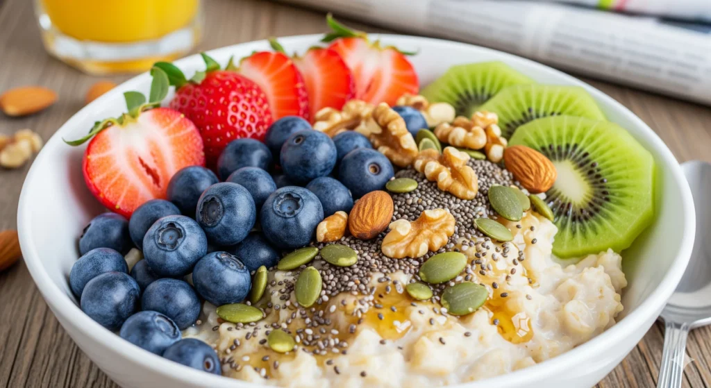 Uma foto de uma tigela de aveia com frutas, nozes e sementes. A imagem representa um café da manhã saudável e rico em carboidratos complexos. Palavra-chave na descrição: carboidratos complexos