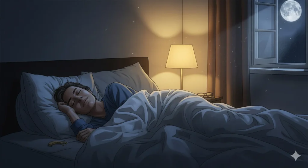 Uma pessoa dormindo tranquilamente em uma cama. A imagem é serena e simboliza o descanso noturno. Palavra-chave na descrição: descanso muscular