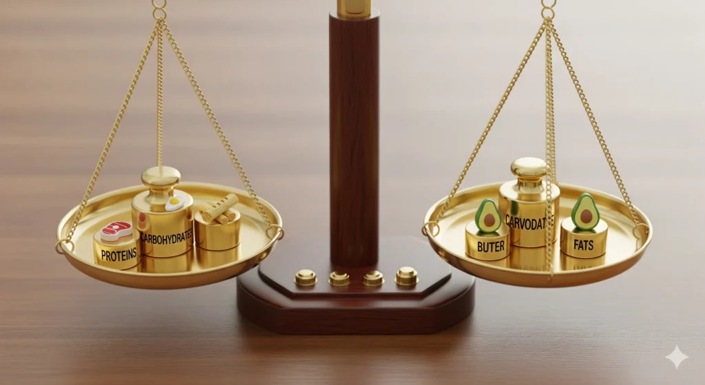 Uma balança com pesos em cada lado, representando o equilíbrio entre proteínas, carboidratos e gorduras. Palavra-chave na descrição: dieta com macronutrientes