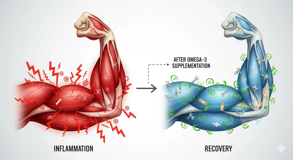(Imagem de Destaque 2: Um infográfico visual mostrando um músculo em um estado inflamatório (vermelho e com setas de dor) e o mesmo músculo em recuperação após a suplementação com ômega-3 (azul, com ícones de reparo). Palavra-chave na descrição: ômega 3 recuperação muscular
