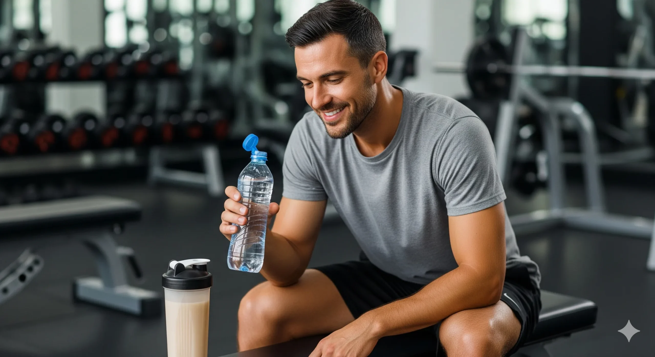 Um atleta relaxado, com uma garrafa de água na mão e um shake de proteína ao lado, em um banco de academia, com a expressão de alívio e satisfação após o treino. Palavra-chave na descrição: recuperação muscular