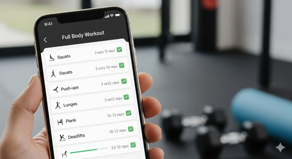 Um celular com um aplicativo de treino aberto, mostrando um plano de treino full body com exercícios e séries. A imagem é limpa e prática. Palavra-chave na descrição: plano de treino iniciante