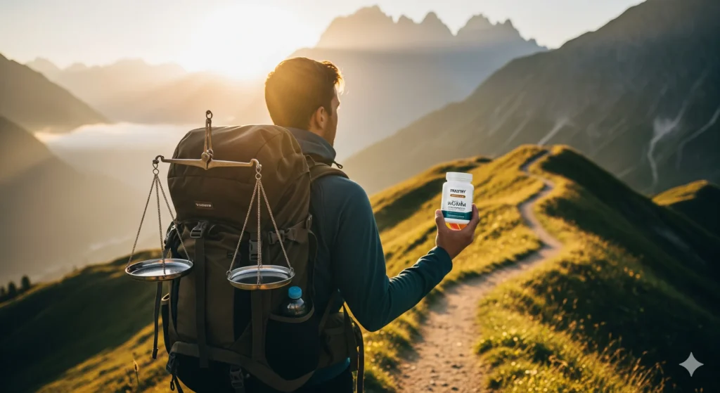 (Imagem de Destaque 5: Uma pessoa em um caminho de montanha, com a balança do equilíbrio na mochila e um pote de suplemento na mão. O tom é de uma jornada de saúde e equilíbrio. Palavra-chave na descrição: recuperação muscular