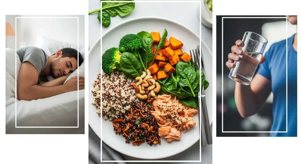 Uma colagem de fotos representando os pilares da recuperação: um prato de comida saudável, uma pessoa dormindo e uma pessoa bebendo água. Palavra-chave na descrição: nutrição para treino de força)