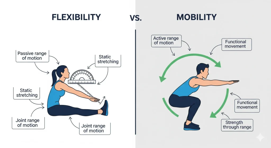 Um infográfico didático comparando Flexibilidade e Mobilidade. De um lado, uma figura estática alongada (flexibilidade). Do outro, uma figura em movimento, como um agachamento profundo (mobilidade). Ícones e setas ajudam a ilustrar a diferença. Palavra-chave na descrição: benefícios da mobilidade