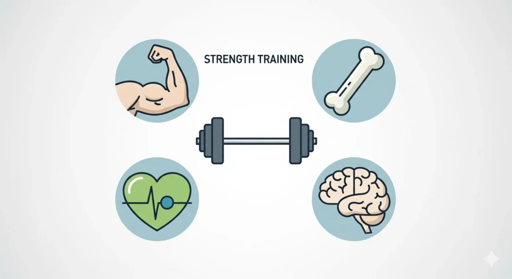 Um infográfico ou colagem de ícones representando os diversos benefícios do treino de força: um músculo, um osso, um coração e um cérebro. Palavra-chave na descrição: benefícios do treino de força