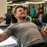 Um iniciante (homem ou mulher) em um momento de concentração e superação, focado em sua primeira série de supino com halteres leves. O ambiente é acolhedor e limpo. Palavra-chave na descrição: treino de força para iniciantes