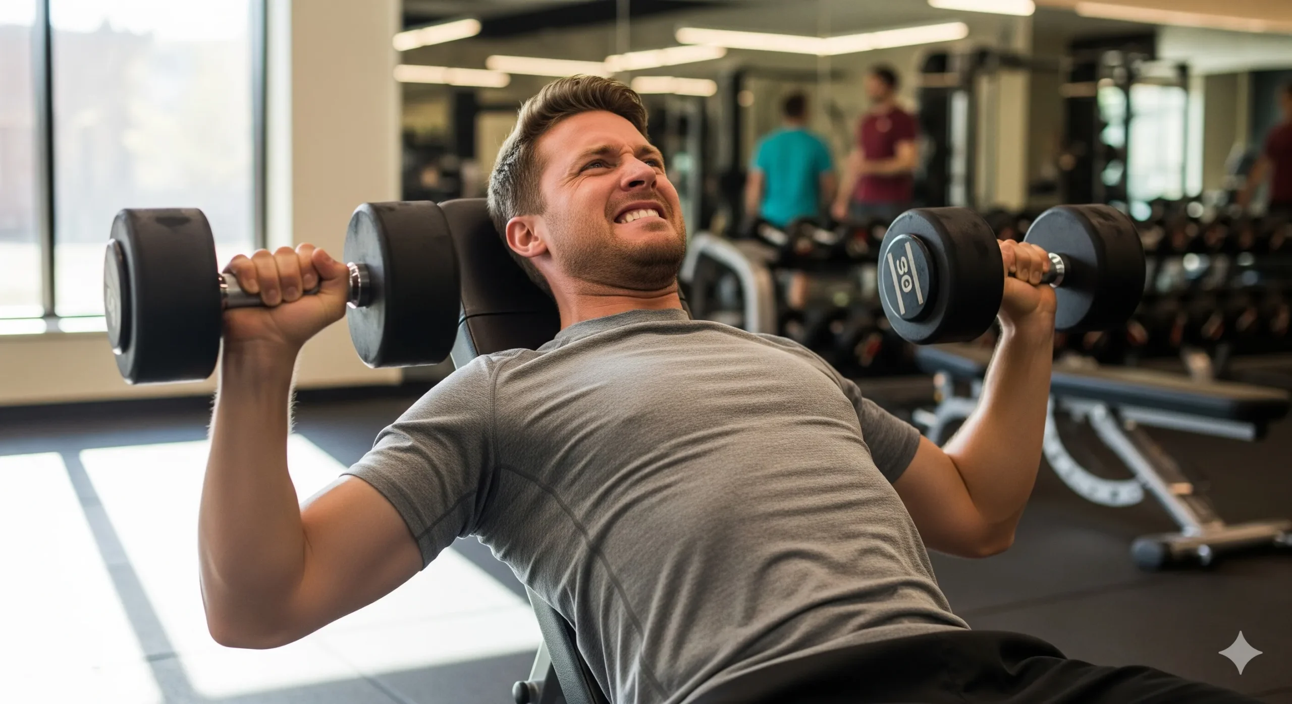 Um iniciante (homem ou mulher) em um momento de concentração e superação, focado em sua primeira série de supino com halteres leves. O ambiente é acolhedor e limpo. Palavra-chave na descrição: treino de força para iniciantes