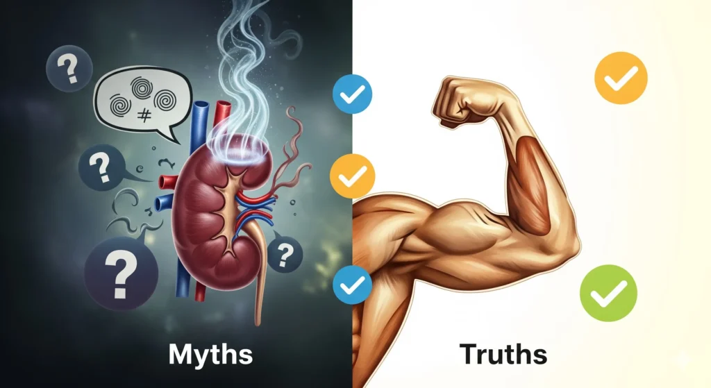 Uma imagem dividida. De um lado, mitos (com ícones de ponto de interrogação), como um rim e um balão de fala. Do outro, verdades (com ícones de visto), mostrando um músculo forte. Palavra-chave na descrição: whey protein mitos e verdades