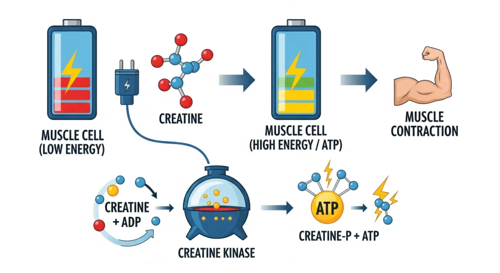 Um infográfico didático mostrando a conversão de creatina em ATP. A imagem pode usar ícones de bateria, mostrando a creatina "recarregando" a energia do músculo. Palavra-chave na descrição: creatina e benefícios da creatina