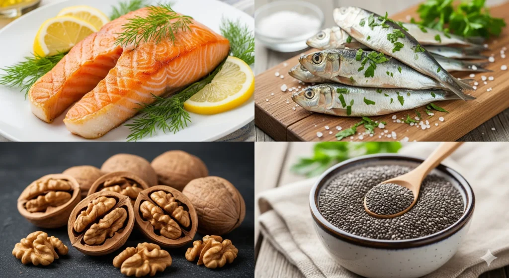 Uma colagem de fotos de alimentos ricos em ômega-3: salmão, sardinha, nozes e sementes de chia. A imagem é vibrante e inspira uma alimentação saudável. Palavra-chave na descrição: ômega 3 para atletas