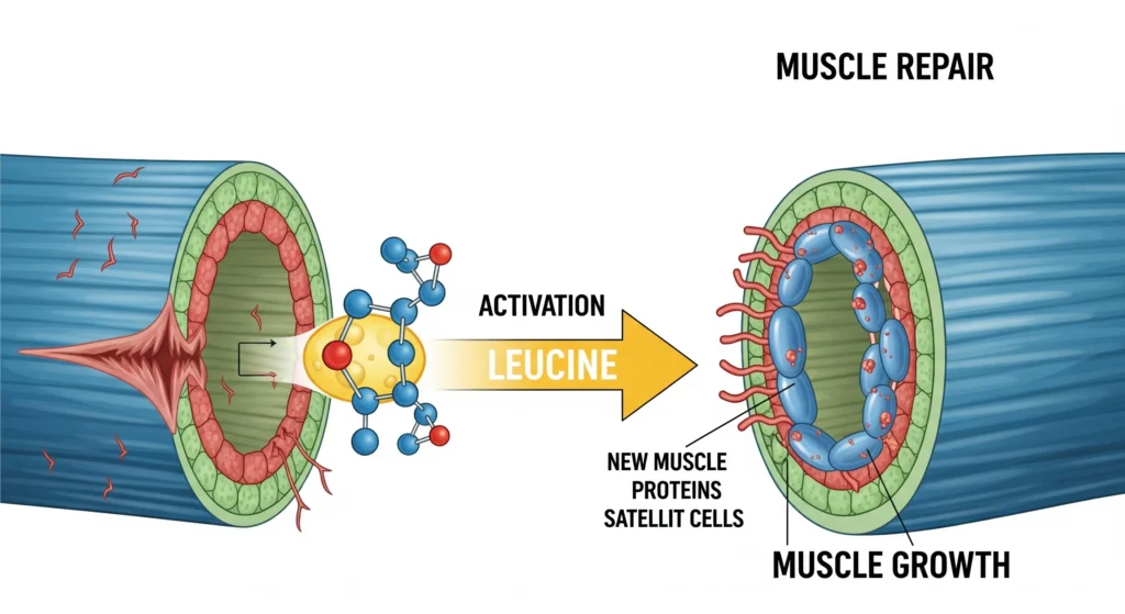 Infográfico mostrando um músculo se reparando e crescendo, com uma seta representando a leucina "ativando" o processo. Palavra-chave na descrição: síntese proteica muscular