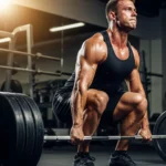 Um atleta levantando uma barra de peso em um treino de força intenso, com o fundo levemente desfocado para focar na ação. A imagem é dinâmica e poderosa. Palavra-chave na descrição: ganho de força com creatina