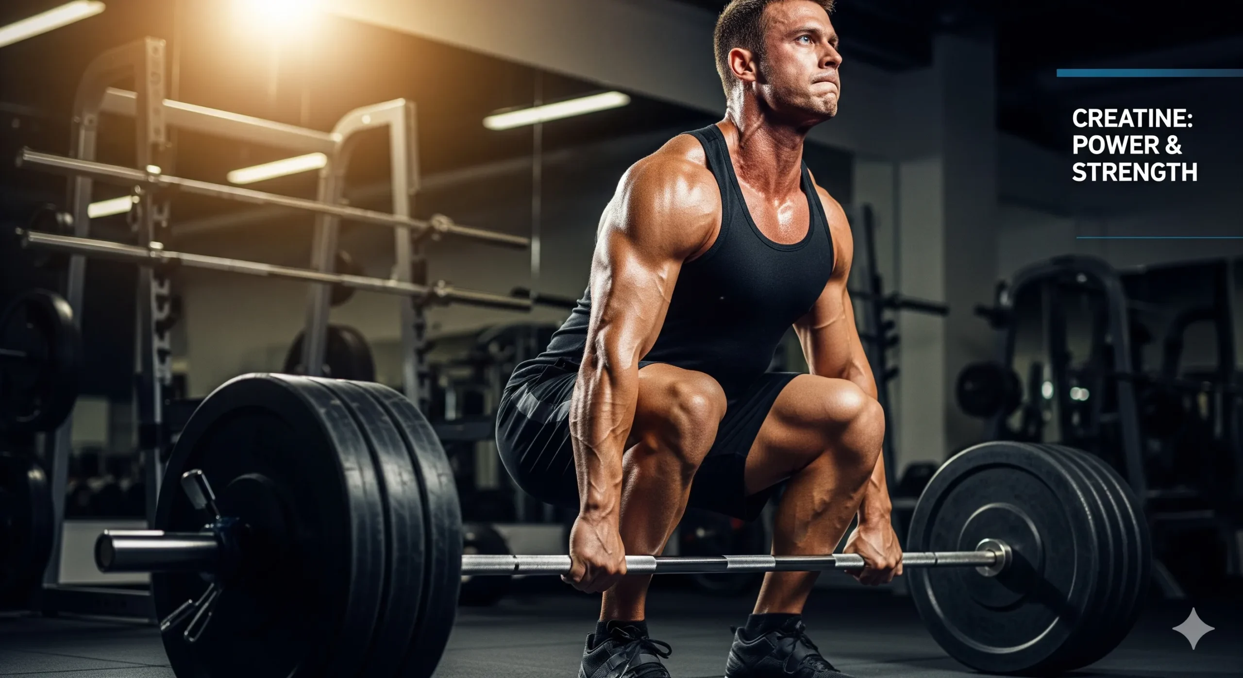Um atleta levantando uma barra de peso em um treino de força intenso, com o fundo levemente desfocado para focar na ação. A imagem é dinâmica e poderosa. Palavra-chave na descrição: ganho de força com creatina