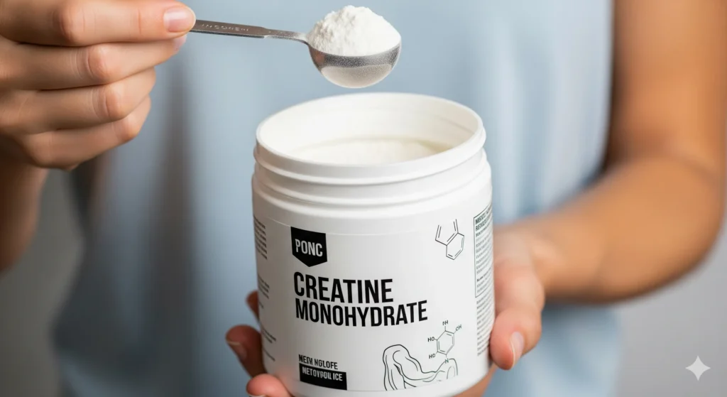 Uma pessoa segurando um pote de creatina em pó, com uma colher de medida. A imagem é limpa e foca no produto. Palavra-chave na descrição: como tomar creatina