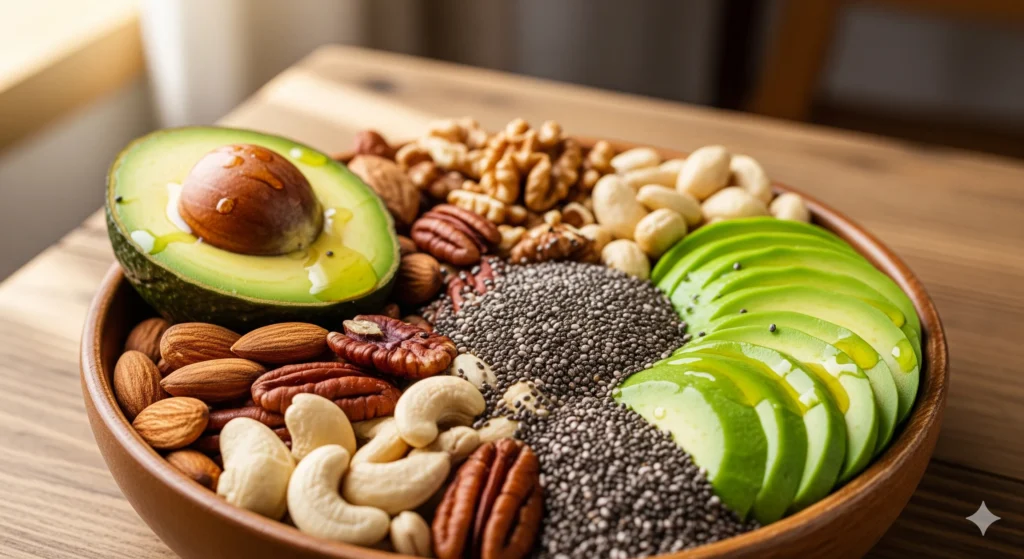 Uma foto de uma tigela com nozes, sementes de chia e abacate, representando as gorduras saudáveis. Palavra-chave na descrição: gorduras saudáveis