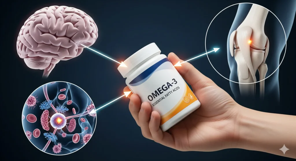 (Imagem de Destaque 4: Uma mão segurando um pote de ômega-3. No fundo, há um cérebro, um joelho e um sistema imunológico, com setas apontando para o suplemento. Palavra-chave na descrição: benefícios ômega 3